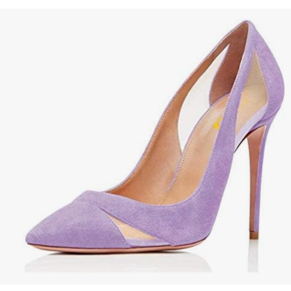 FSJ Purple Mesh High Heel Pump Pointed Toe Stiletto Thin Slip on Dress Prom Shoe